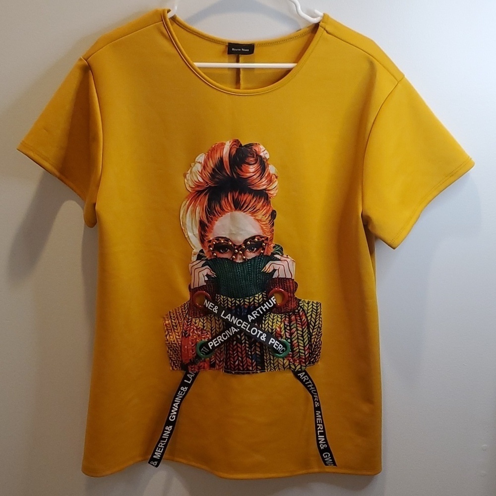 Haute Mess Gwaine Lancelot Top Tee Shirt Yellow Face Boujee Art Design Fashion A